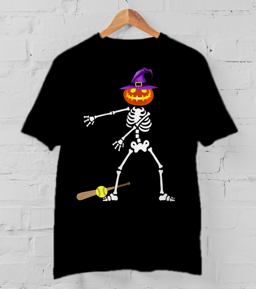 Skeleton Pumpkin Witch Performing Floss Dance With Softball Bat T-Shirt