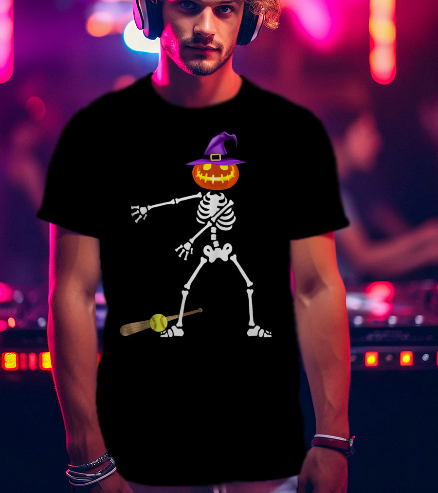 Skeleton Pumpkin Witch Performing Floss Dance With Softball Bat T-Shirt