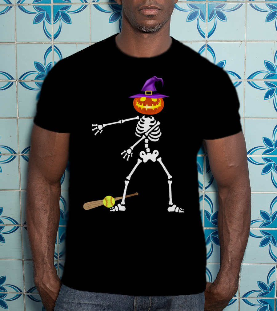 Skeleton Pumpkin Witch Performing Floss Dance With Softball Bat T-Shirt