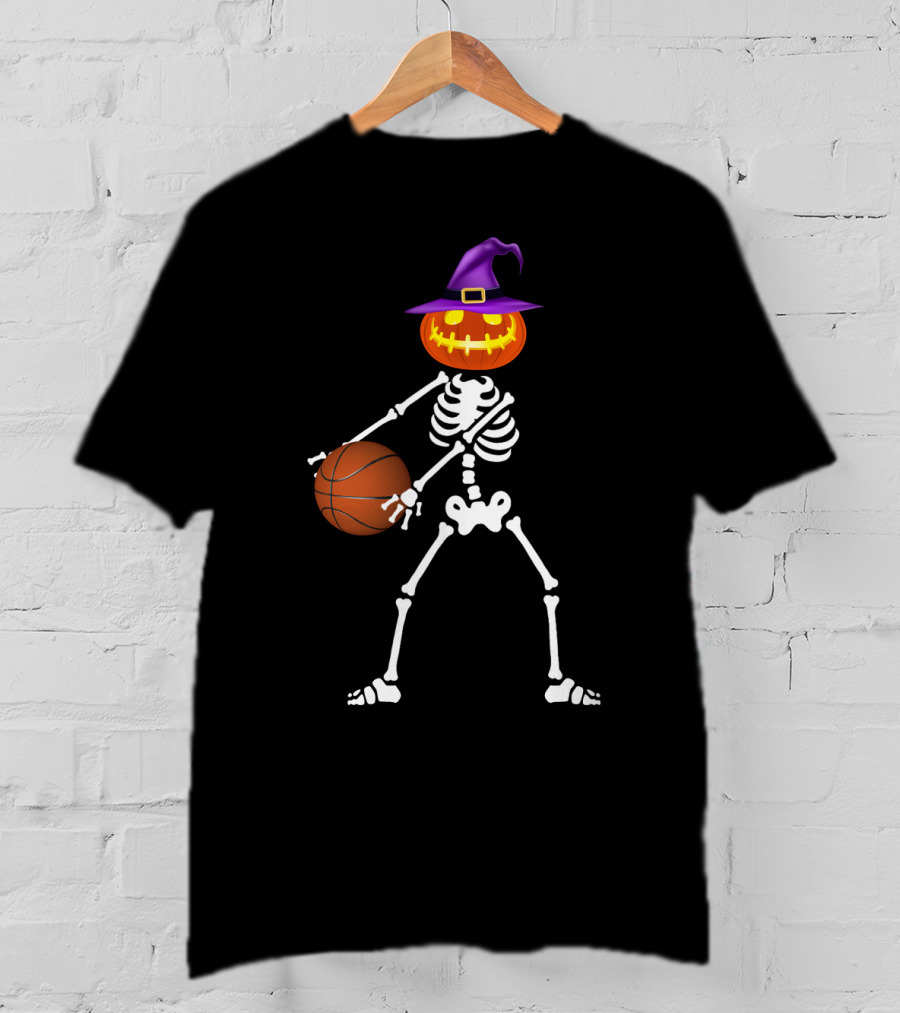 Skeleton Pumpkin Witch Basketball Flossing Dance Halloween Costume T-Shirt