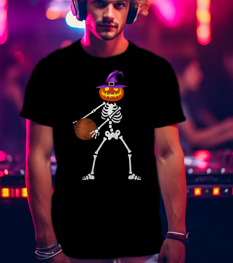 Skeleton Pumpkin Witch Basketball Flossing Dance Halloween Costume T-Shirt
