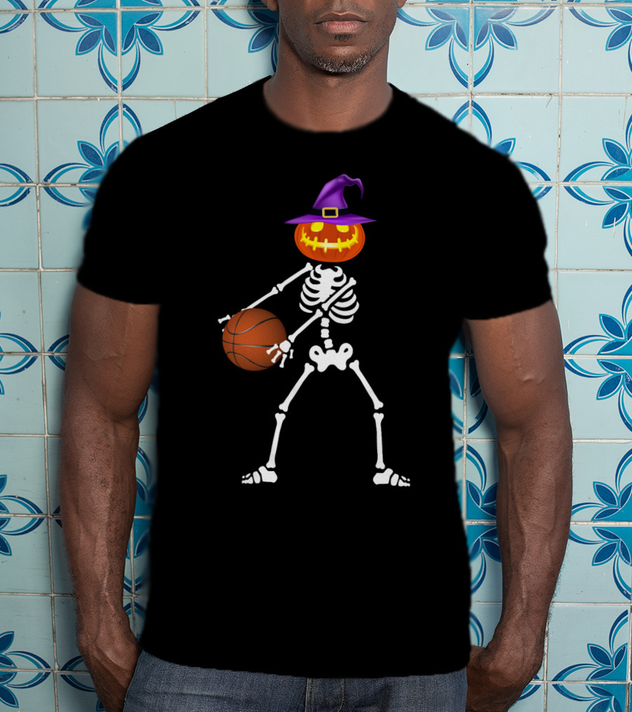 Skeleton Pumpkin Witch Basketball Flossing Dance Halloween Costume T-Shirt