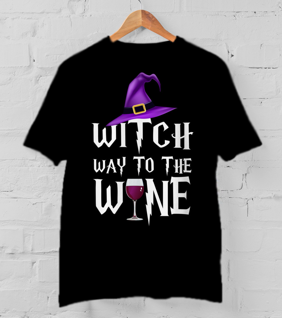 Purple Witch Hat And Wine Glass With Witch Way To The Wine Text In Lightning Font T-Shirt