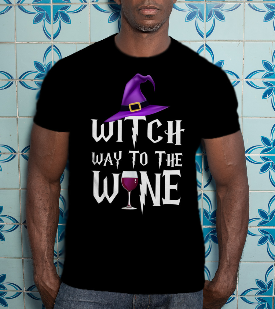 Purple Witch Hat And Wine Glass With Witch Way To The Wine Text In Lightning Font T-Shirt