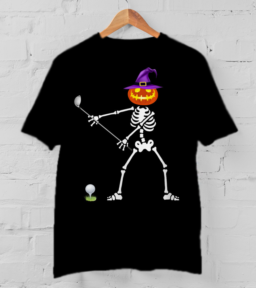 Golf Skeleton With Witch Pumpkin Head Halloween Lazy T-Shirt