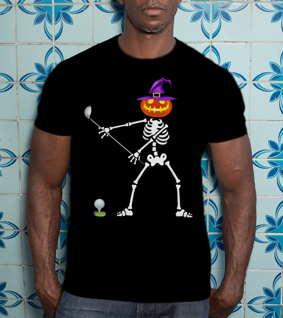 Golf Skeleton With Witch Pumpkin Head Halloween Lazy T-Shirt