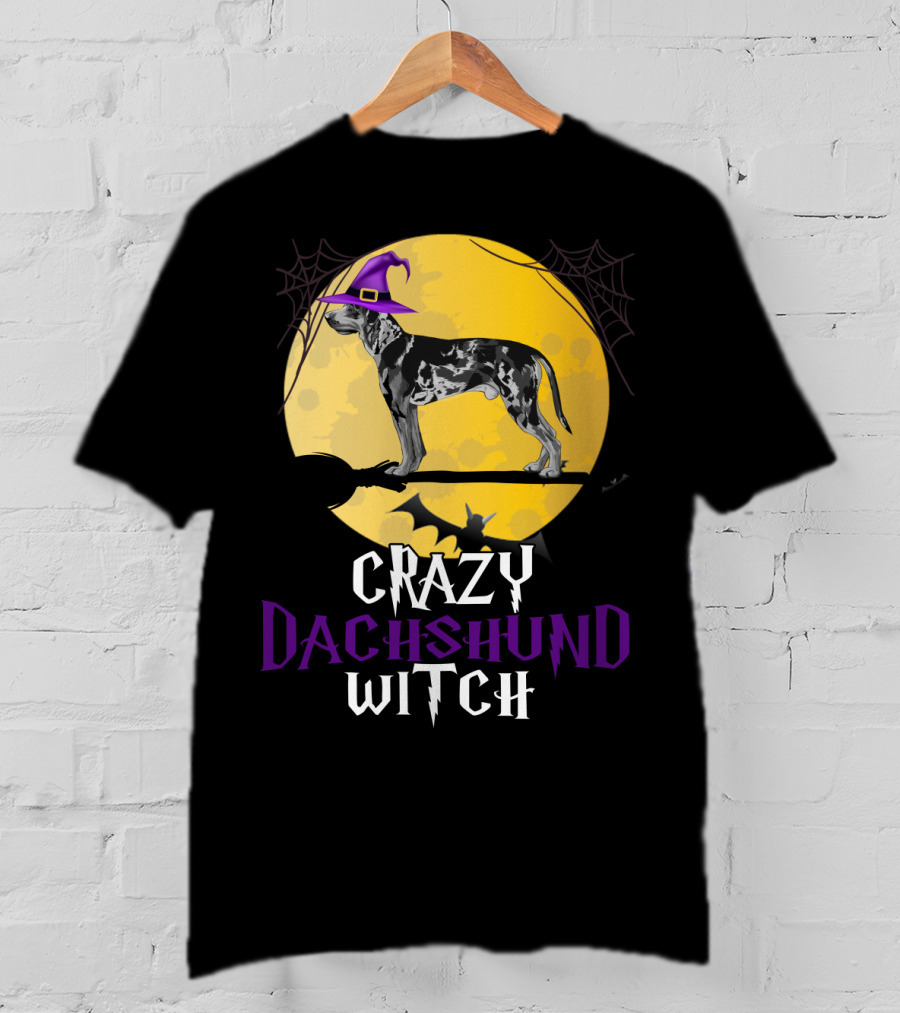 Crazy Dachshund Witch Dog With Purple Hat And Broom Halloween T-Shirt