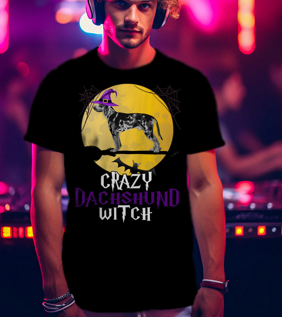 Crazy Dachshund Witch Dog With Purple Hat And Broom Halloween T-Shirt
