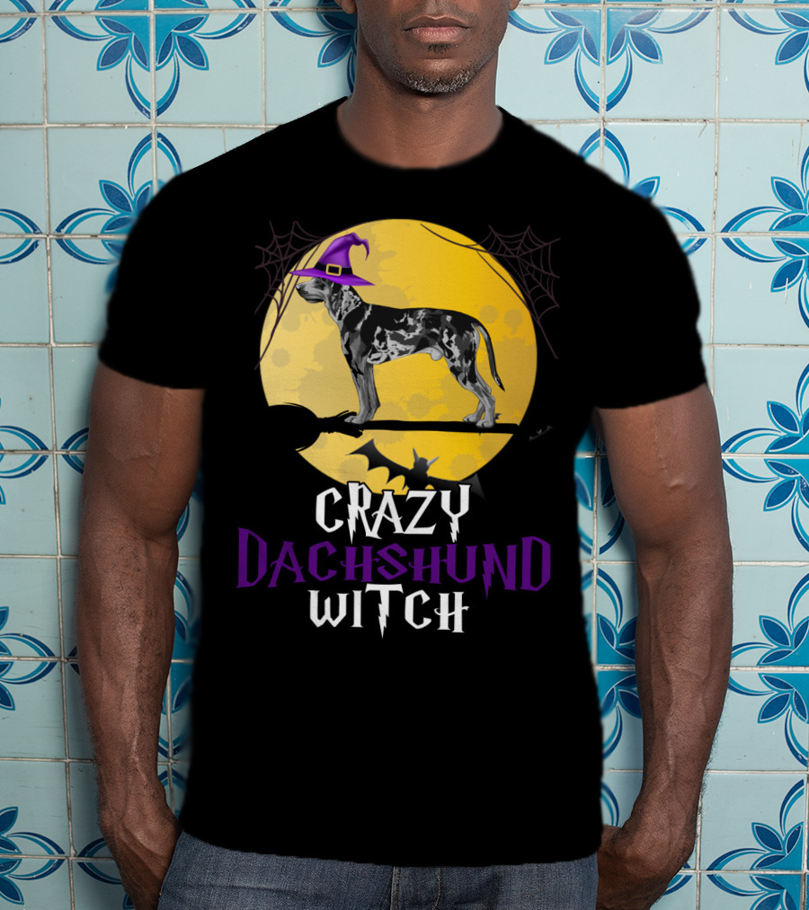 Crazy Dachshund Witch Dog With Purple Hat And Broom Halloween T-Shirt