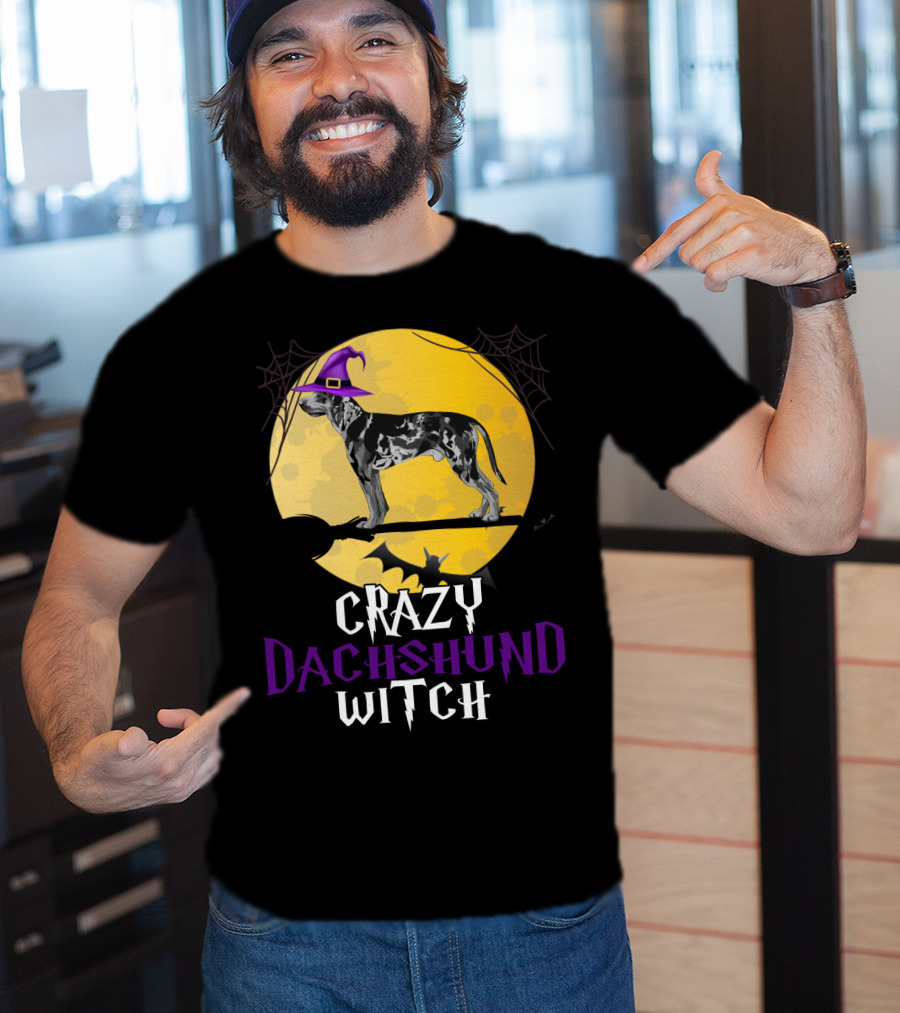 Crazy Dachshund Witch Dog With Purple Hat And Broom Halloween T-Shirt