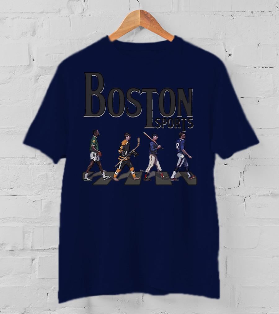 Boston Sports Evolution Inspired By Iconic Athletes In Green Basketball, Yellow Hockey, Baseball, And Blue Football Jerseys T-Shirt