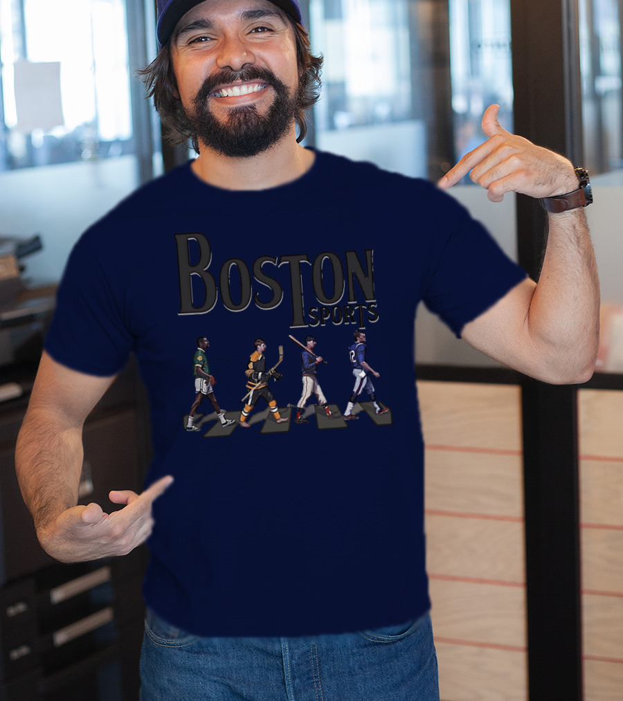 Boston Sports Evolution Inspired By Iconic Athletes In Green Basketball, Yellow Hockey, Baseball, And Blue Football Jerseys T-Shirt