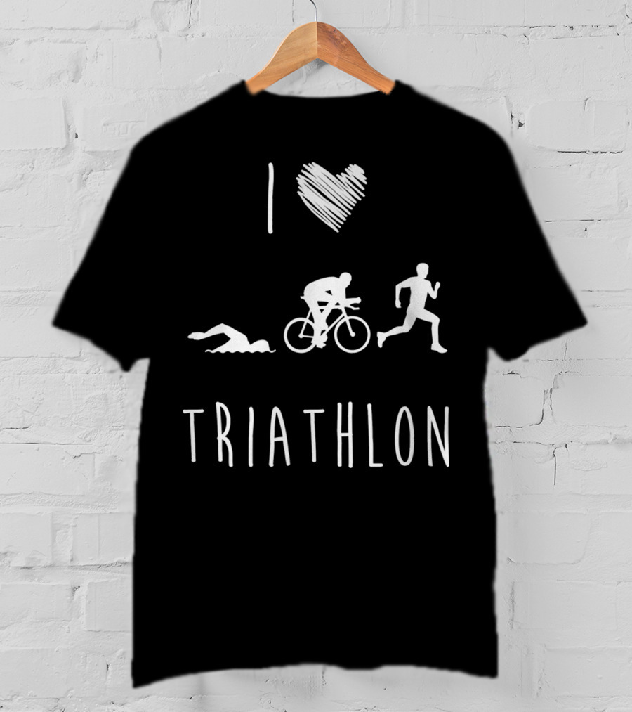 I Love Triathlon Featuring Swim Bike Run Iconography T-Shirt