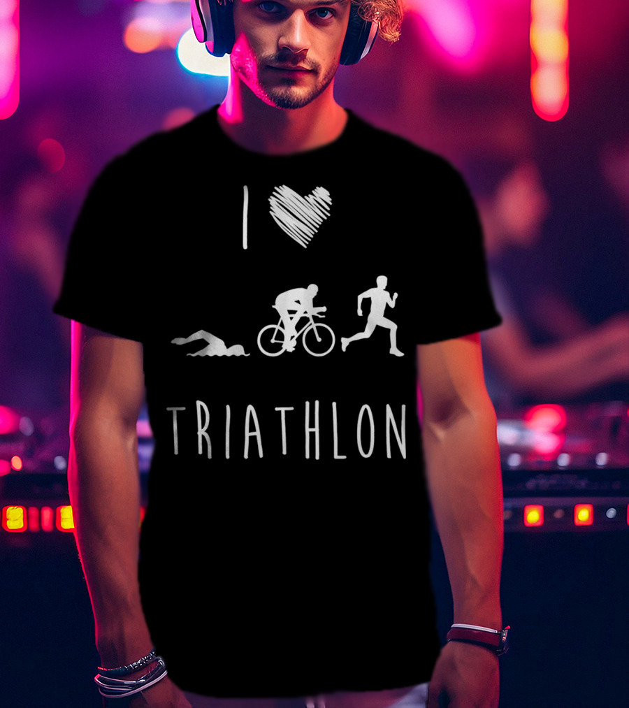 I Love Triathlon Featuring Swim Bike Run Iconography T-Shirt