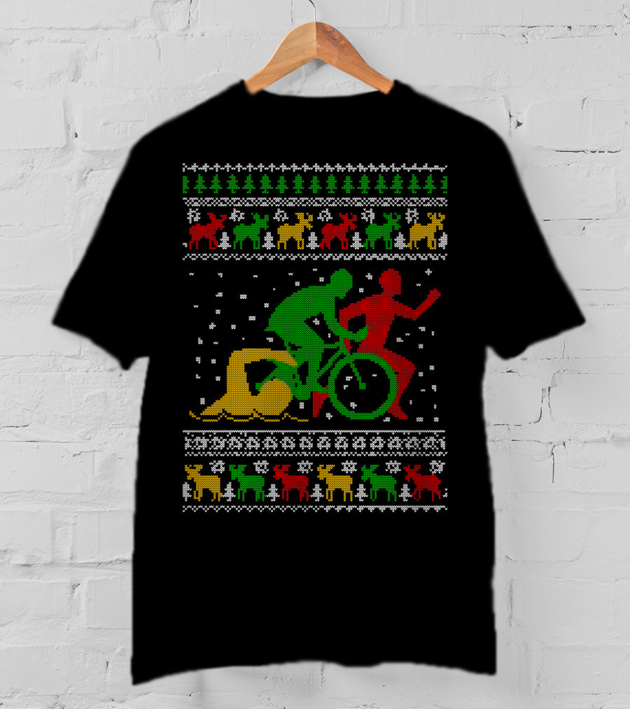 Merry Christmas Triathlon Ugly Sweater Swim Bike Run Festive Reindeer Holiday T-Shirt