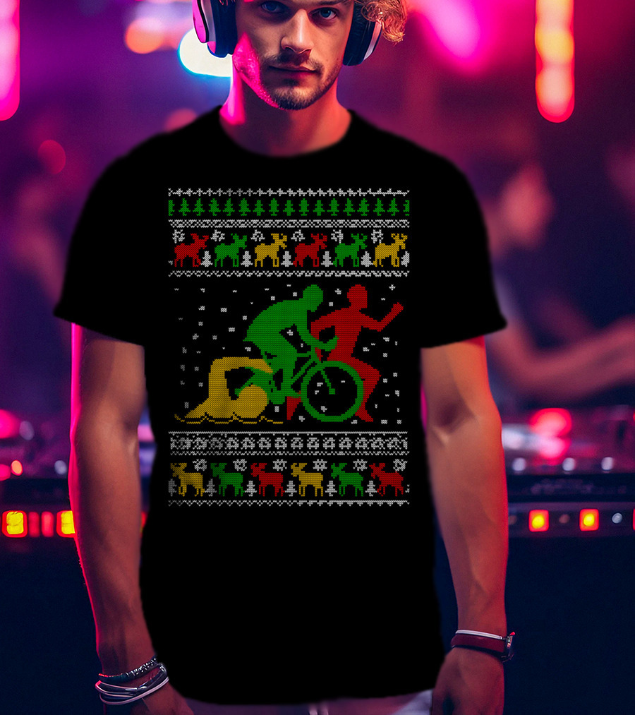 Merry Christmas Triathlon Ugly Sweater Swim Bike Run Festive Reindeer Holiday T-Shirt