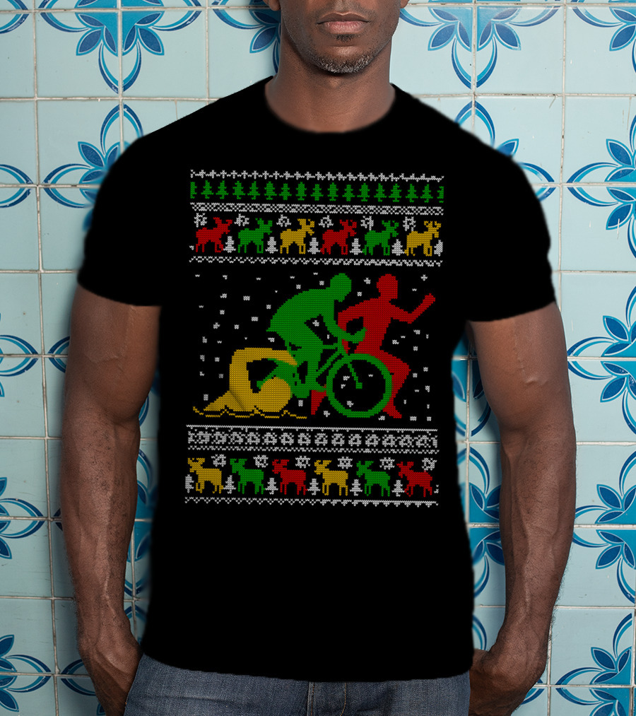 Merry Christmas Triathlon Ugly Sweater Swim Bike Run Festive Reindeer Holiday T-Shirt