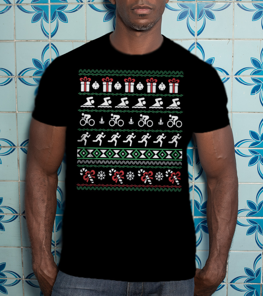 Triathlon Christmas Ugly Sweater Style With Gifts And Candy Canes T-Shirt