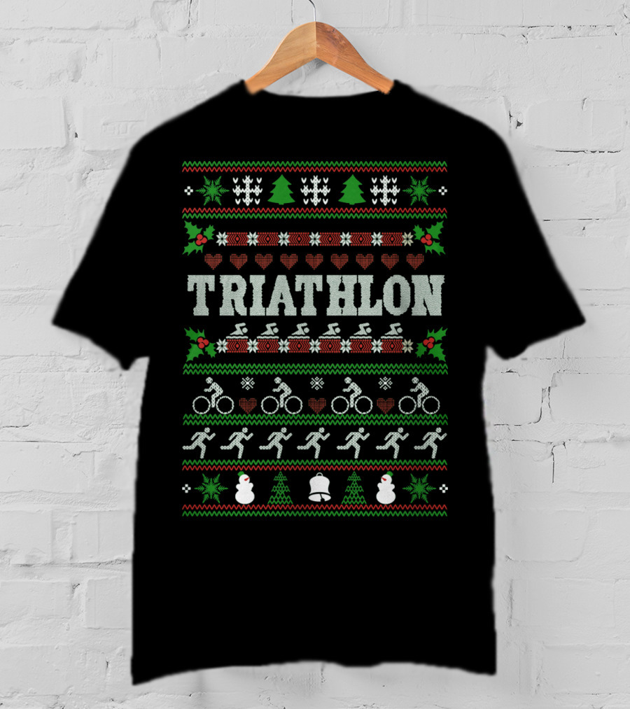 Triathlon Christmas Ugly Sweater Design With Swim Bike Run Motifs T-Shirt