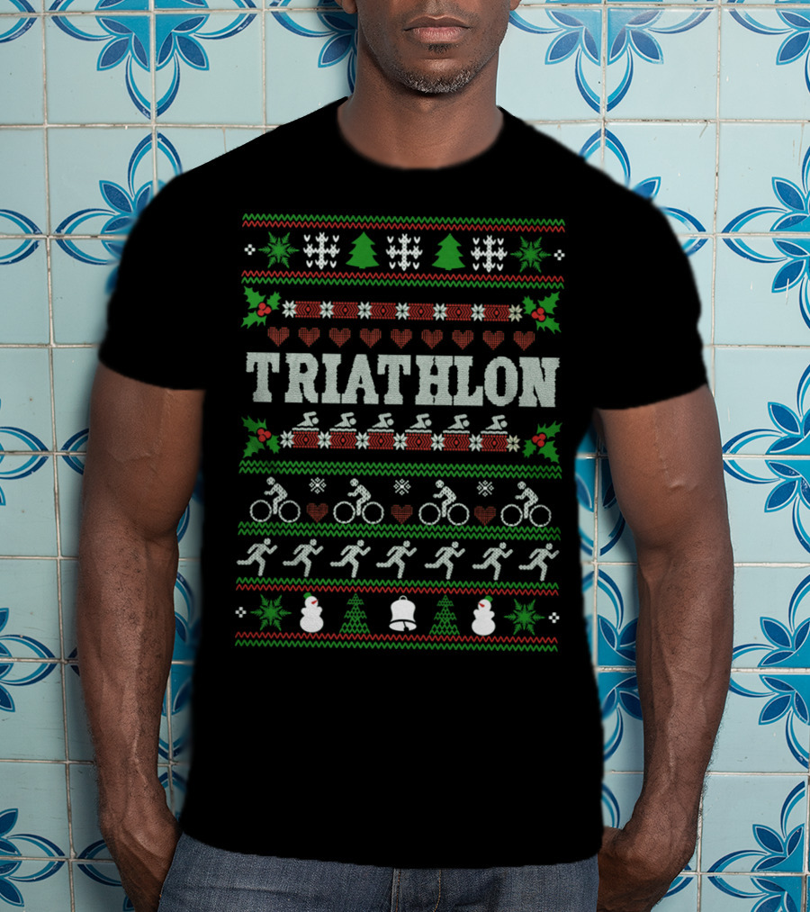 Triathlon Christmas Ugly Sweater Design With Swim Bike Run Motifs T-Shirt