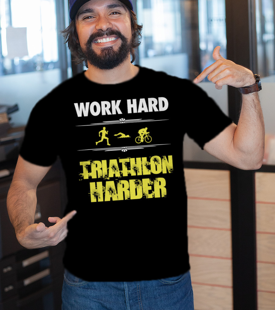 Work Hard Triathlon Harder Running Swimming Cycling Icons T-Shirt