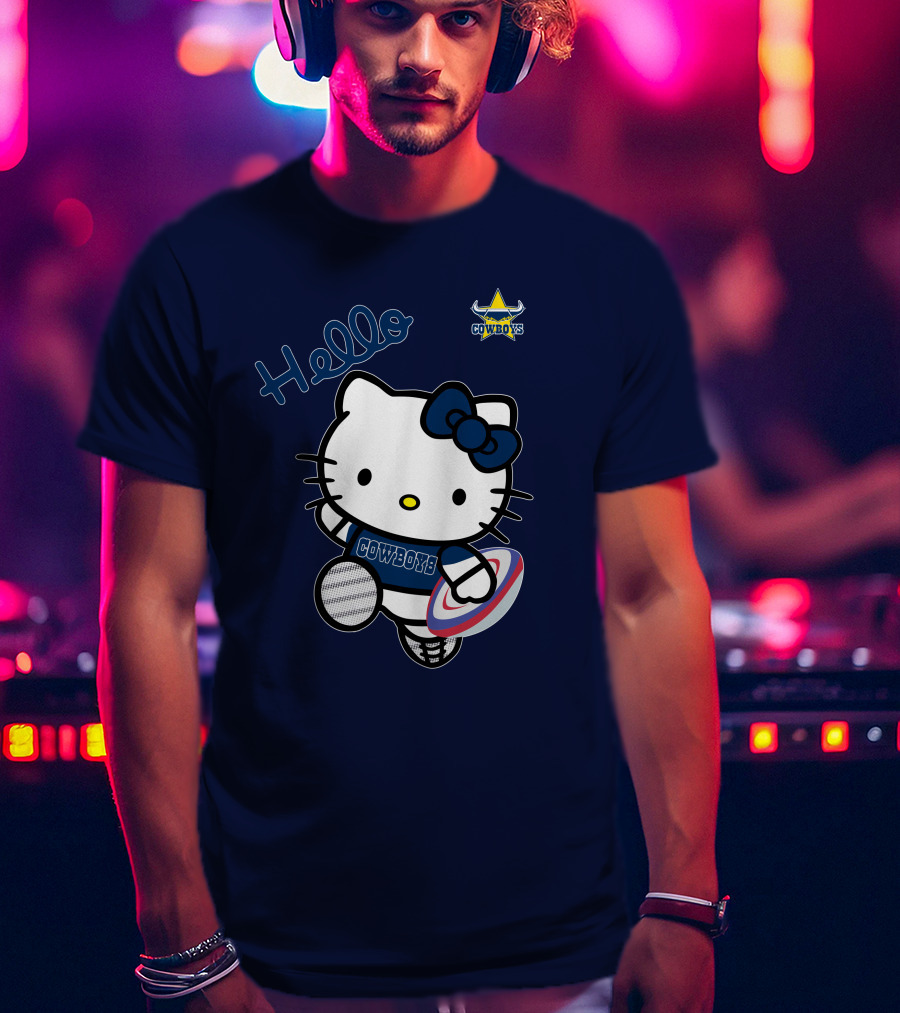 Hello Kitty North Queensland Cowboys Crossover With Rugby Ball T-Shirt