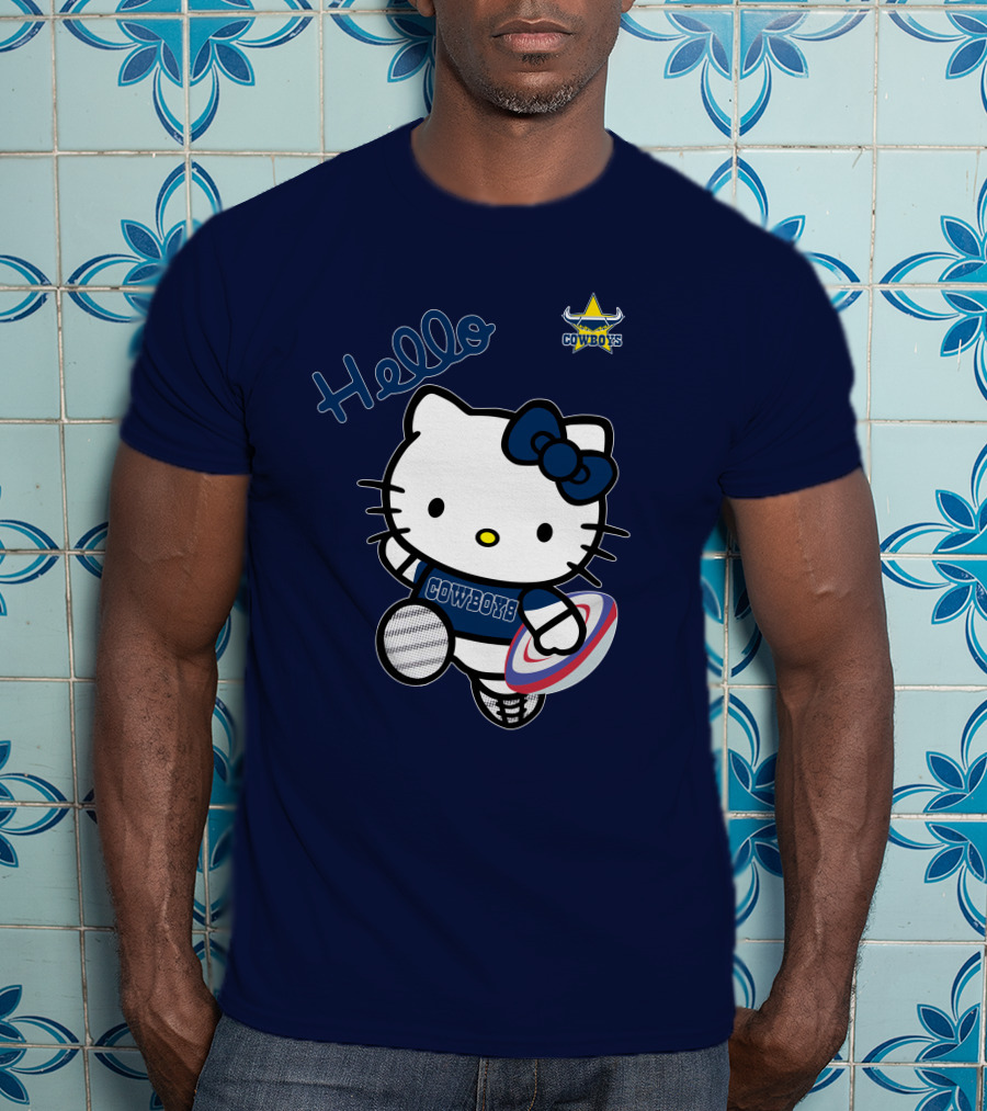 Hello Kitty North Queensland Cowboys Crossover With Rugby Ball T-Shirt