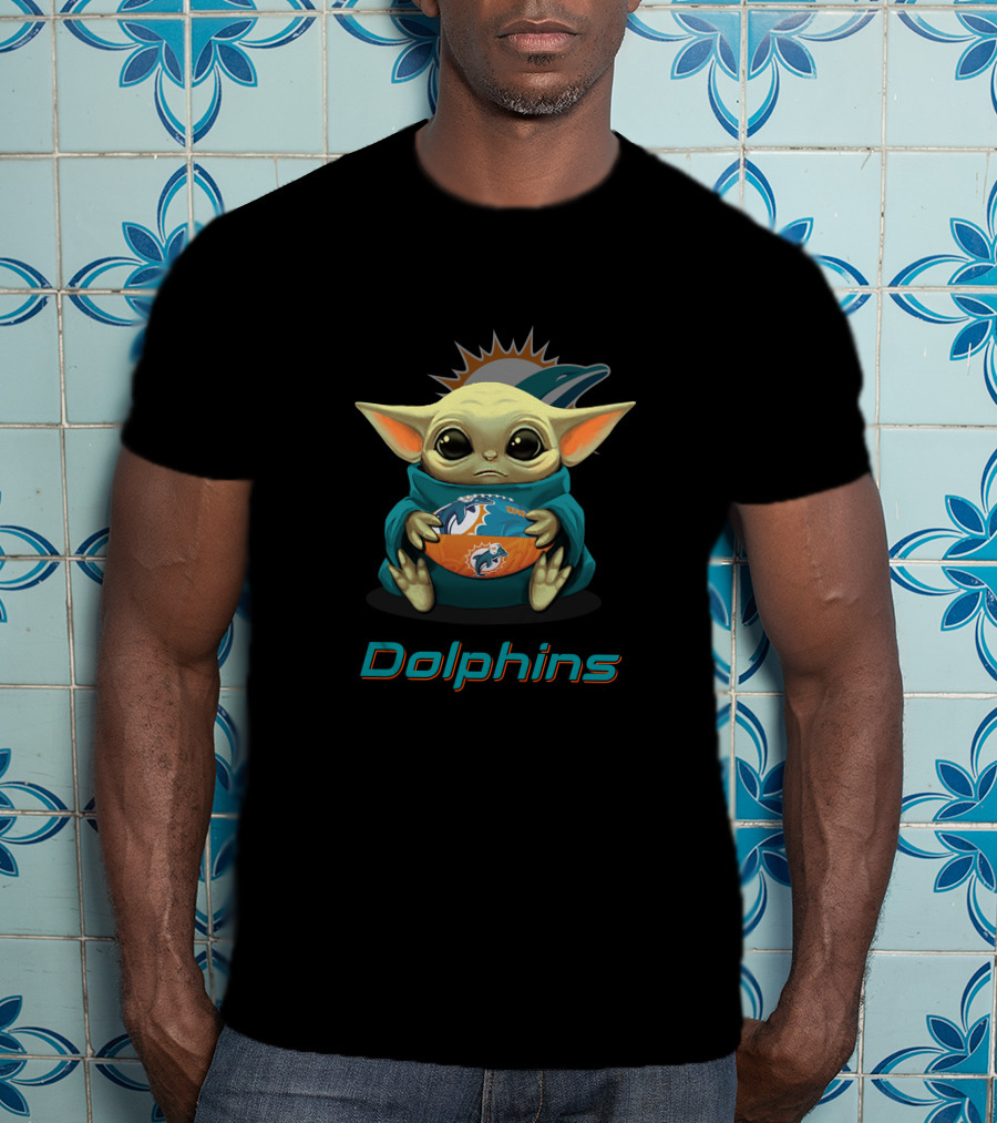 Miami Dolphins Baby Yoda Holding Dolphins Football T-Shirt