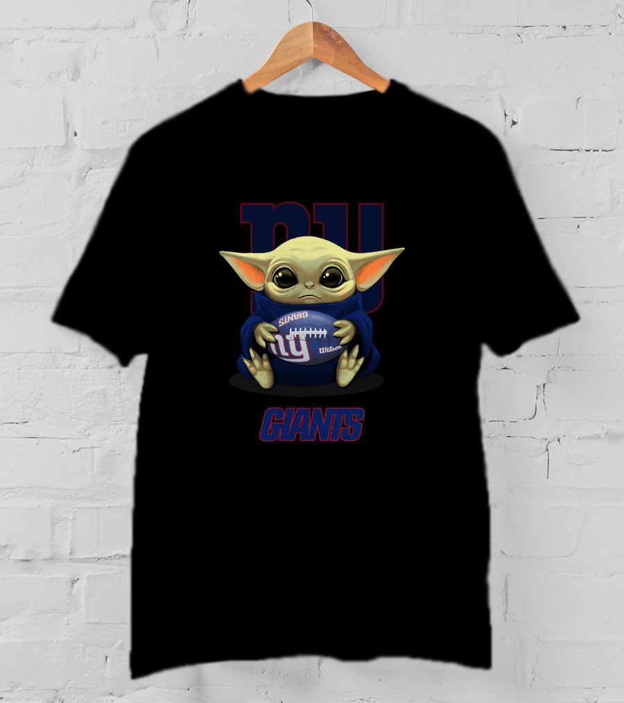 New York Giants Baby Yoda Holding Football With NY Giants T-Shirt
