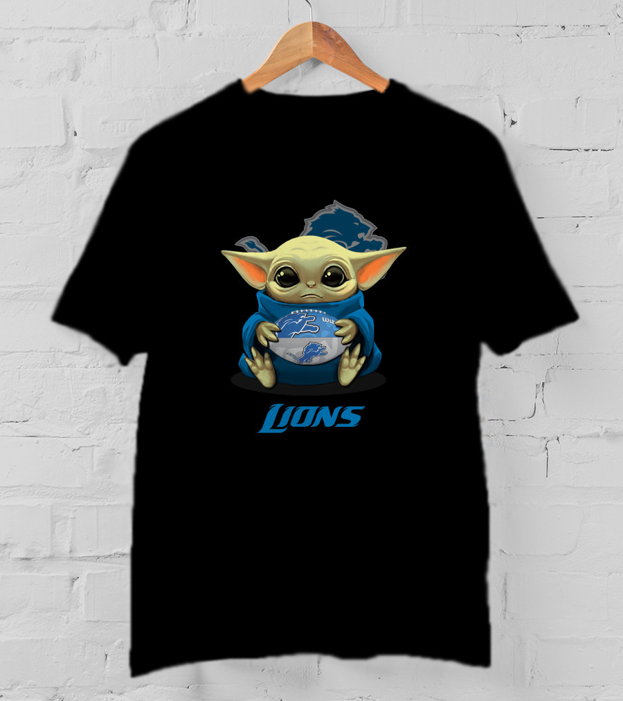 Detroit Lions Baby Yoda Holding Football With Lions T-Shirt