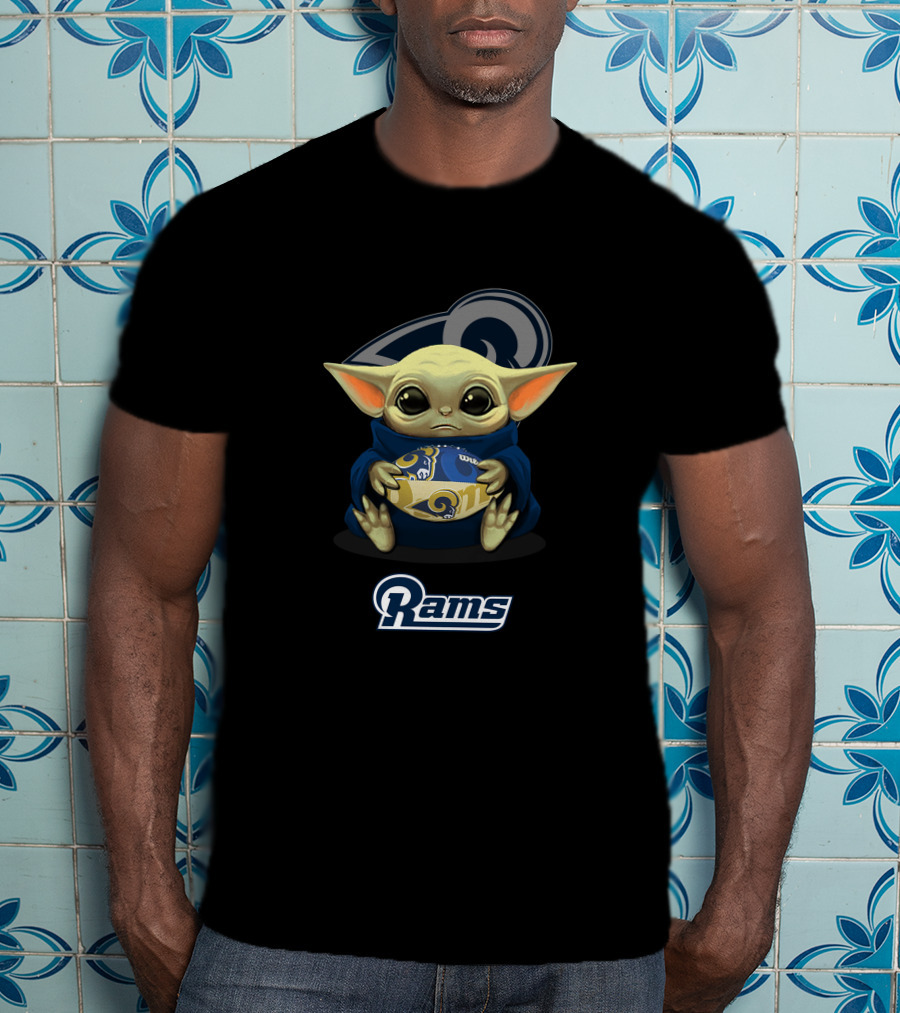 Los Angeles Rams Baby Yoda Holding Team Football T-Shirt