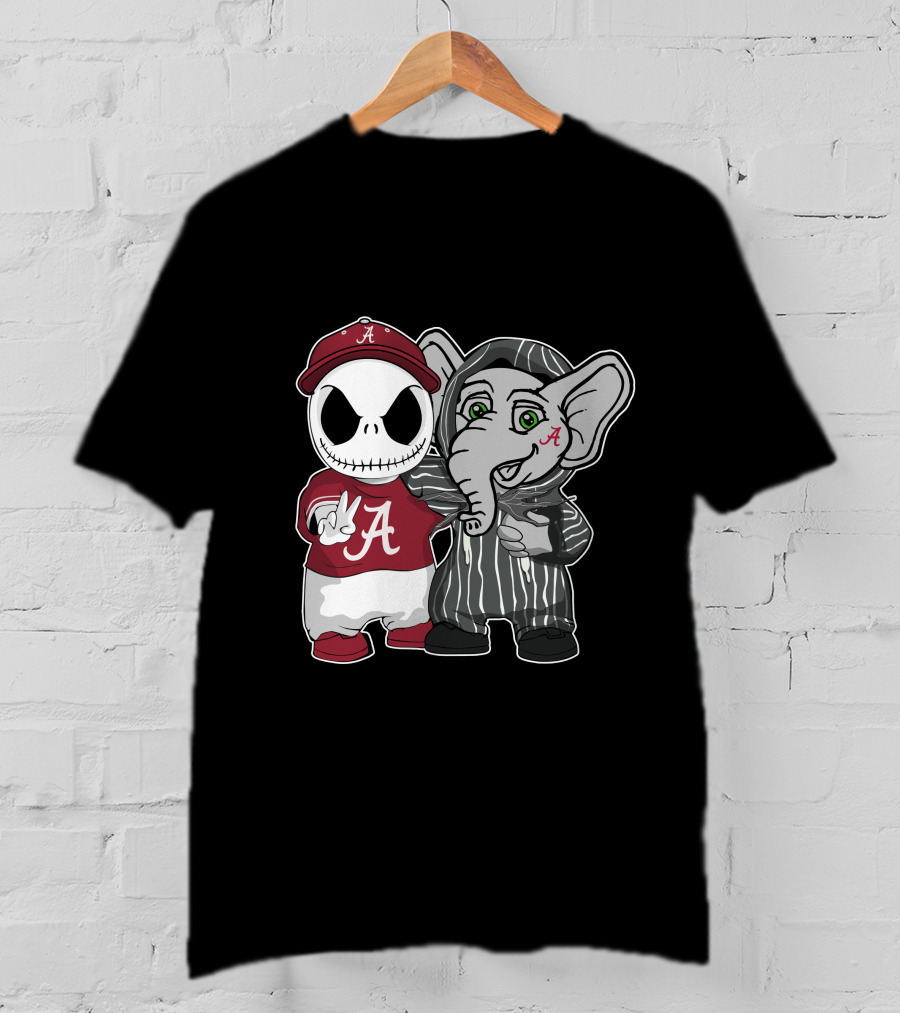Alabama Crimson Tide Jack Skellington With Elephant In Striped T-Shirt