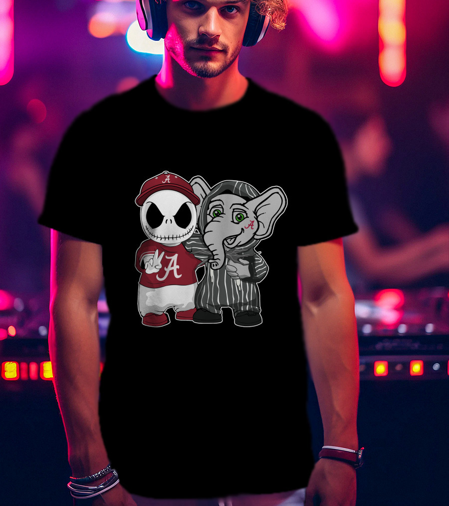 Alabama Crimson Tide Jack Skellington With Elephant In Striped T-Shirt