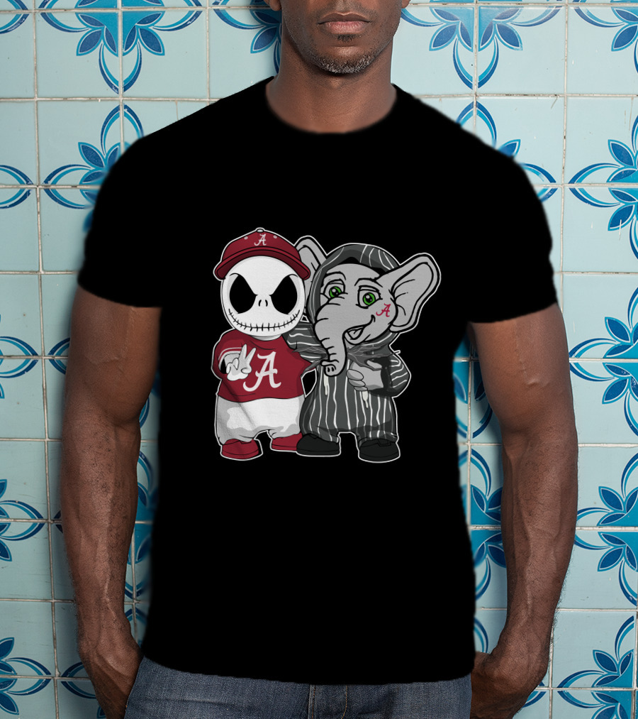 Alabama Crimson Tide Jack Skellington With Elephant In Striped T-Shirt