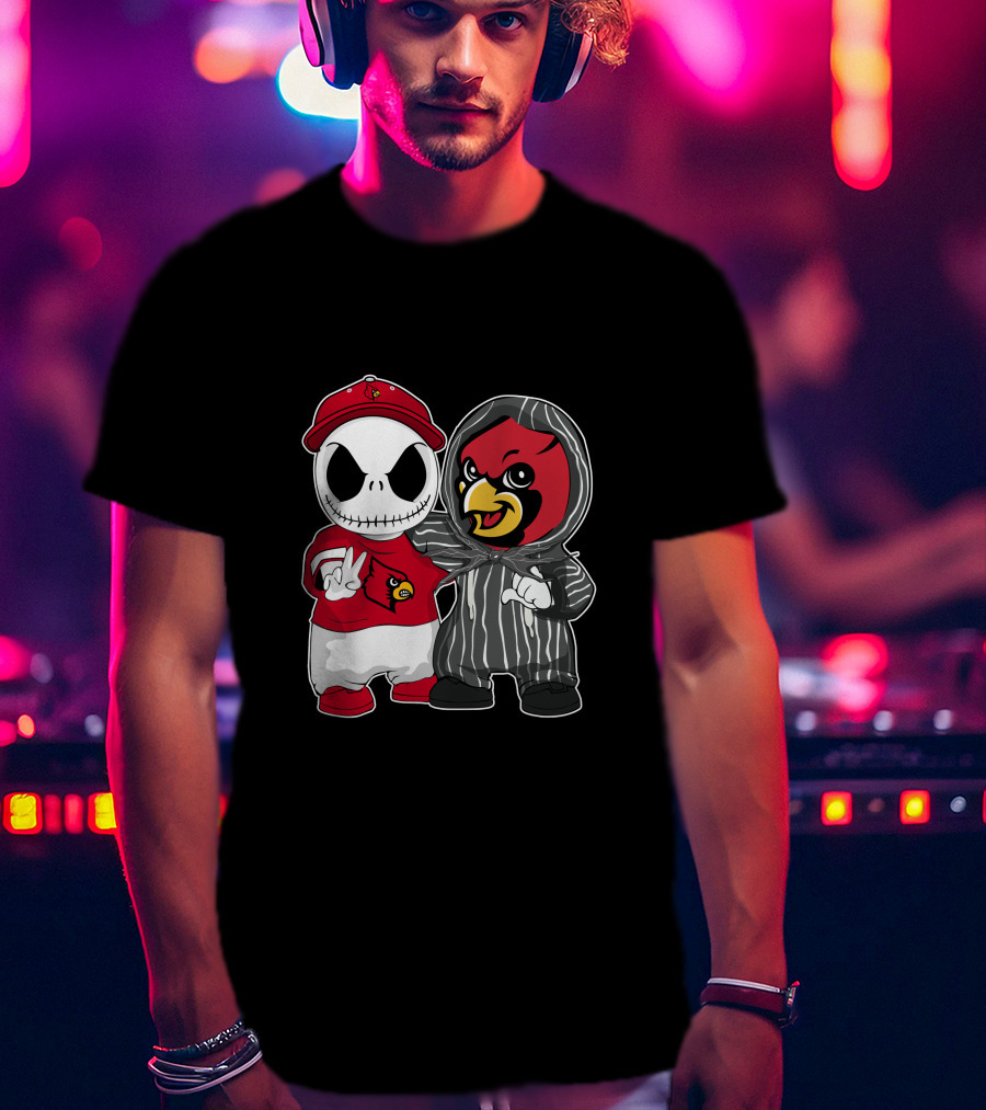 Louisville Cardinals Jack Skellington And Cardinal Mascot Duo T-Shirt