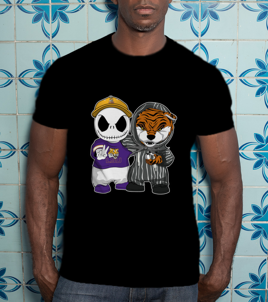 LSU Tigers Jack Skellington And Tiger Mascot Crossover T-Shirt