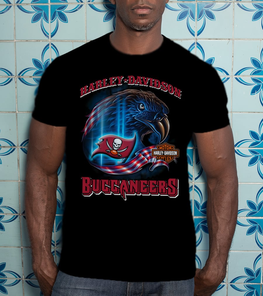 Harley Davidson Motor Cycles Tampa Bay Buccaneers Eagle Flag T-Shirt