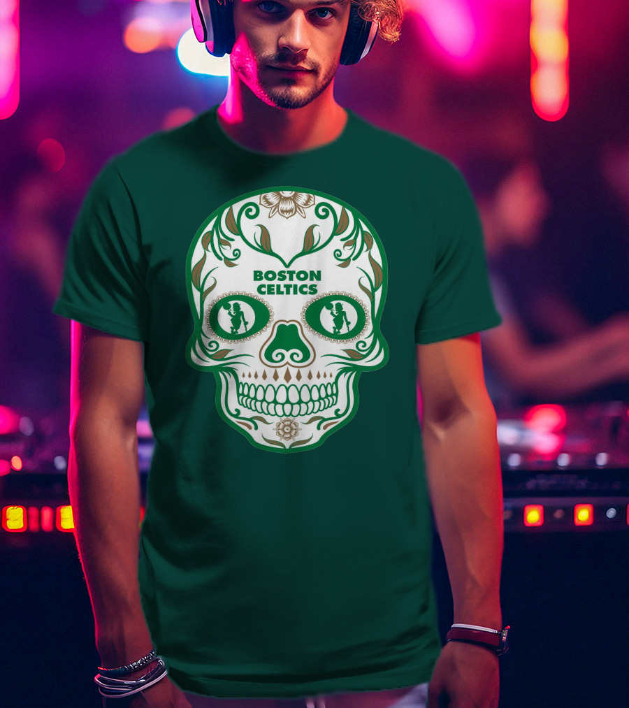 Boston Celtics Skull With Celtic Symbols And Basketball Mascot T-Shirt