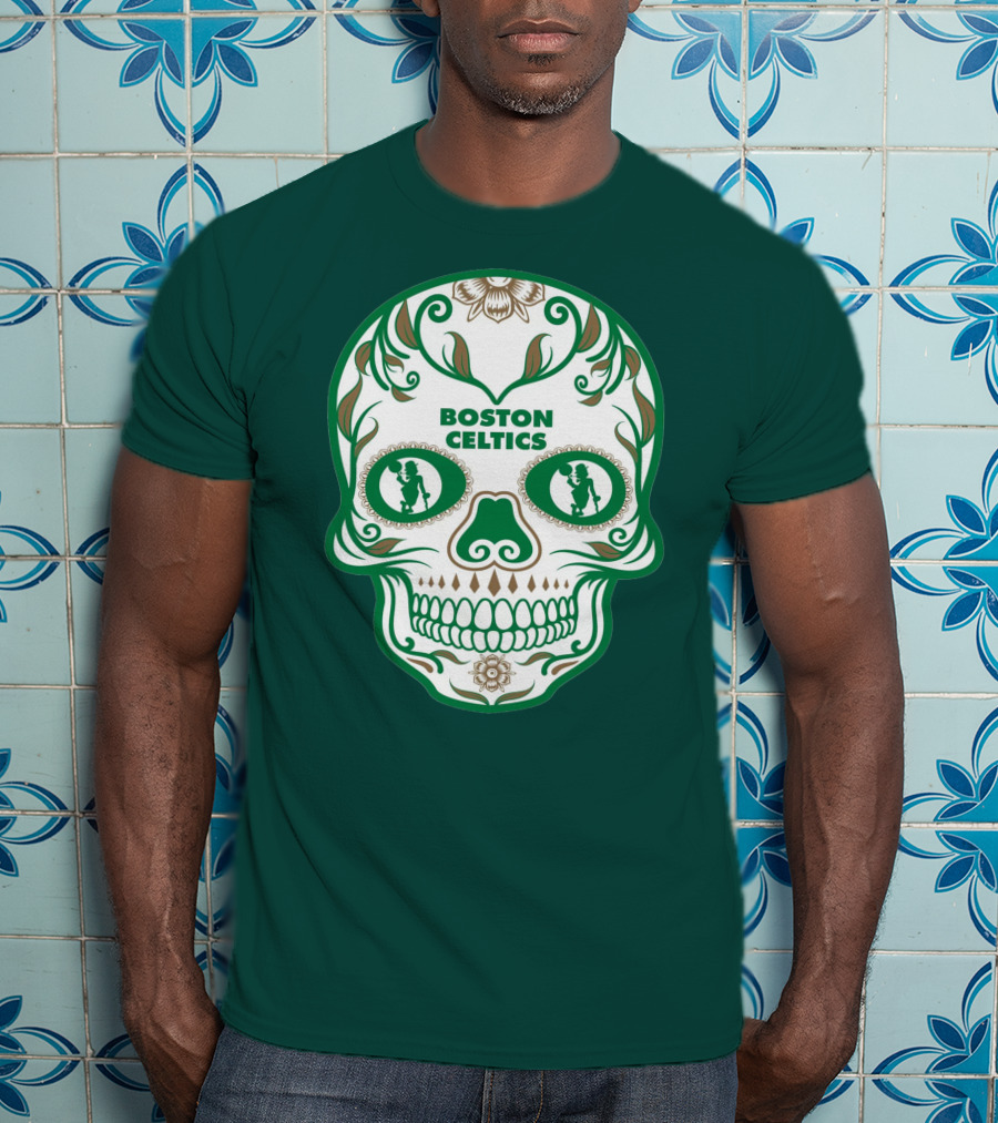 Boston Celtics Skull With Celtic Symbols And Basketball Mascot T-Shirt