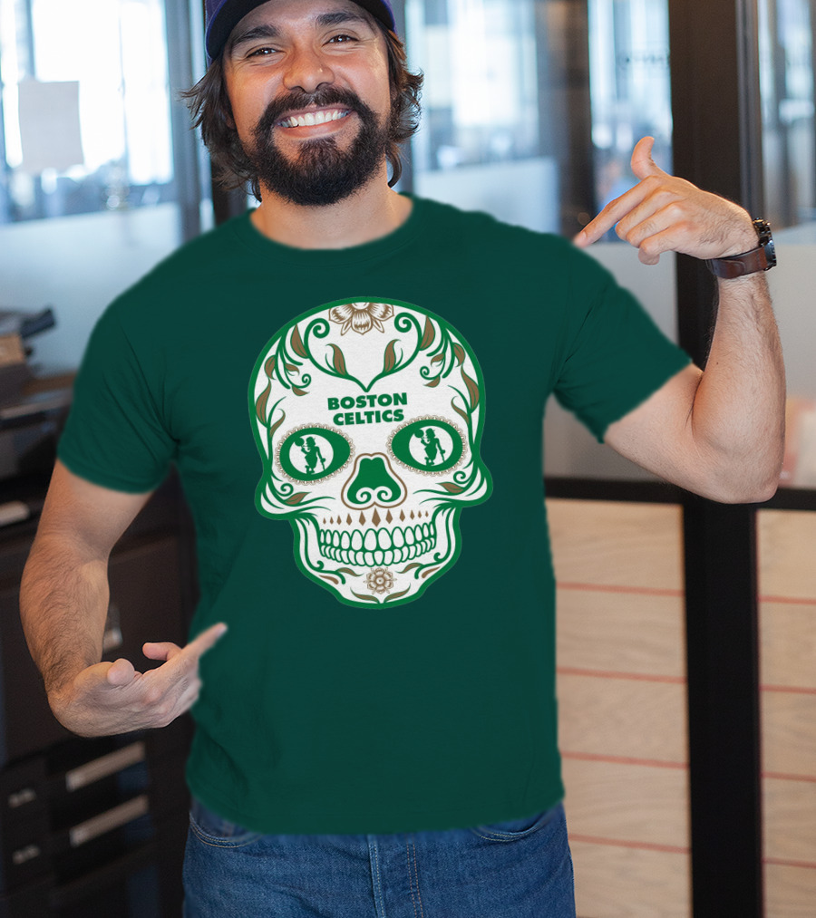Boston Celtics Skull With Celtic Symbols And Basketball Mascot T-Shirt