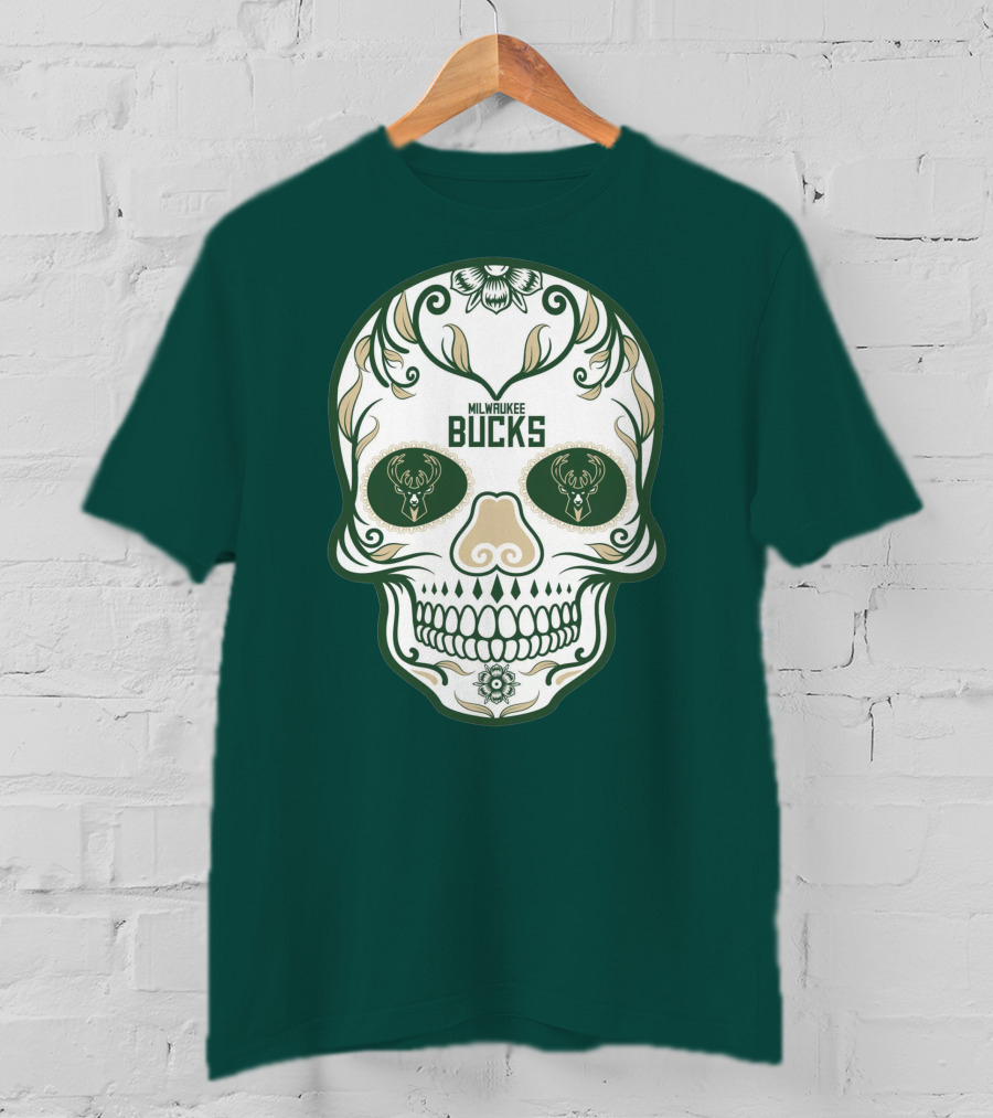 Milwaukee Bucks Skull Deer Logo Floral T-Shirt
