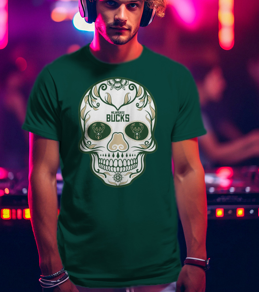 Milwaukee Bucks Skull Deer Logo Floral T-Shirt
