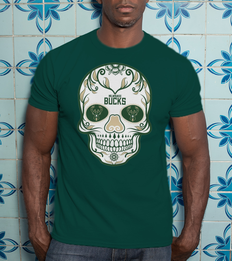 Milwaukee Bucks Skull Deer Logo Floral T-Shirt
