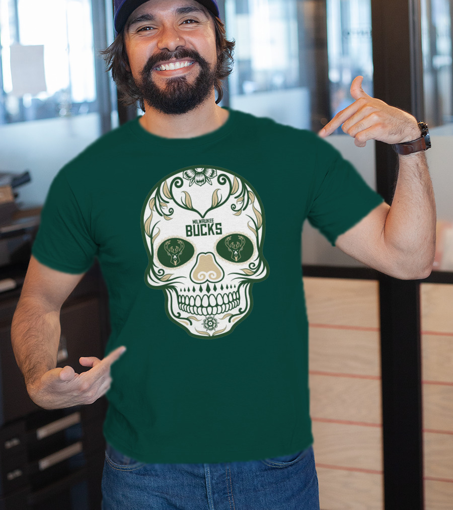 Milwaukee Bucks Skull Deer Logo Floral T-Shirt