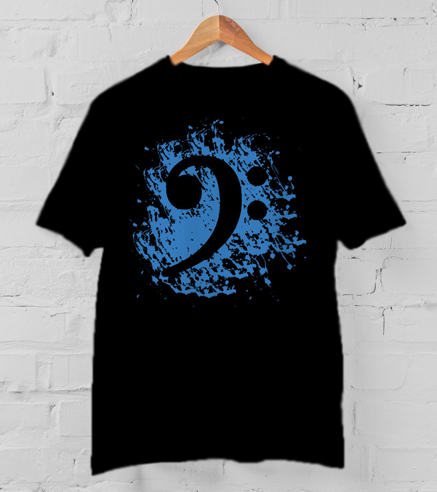Bass Clef On Blue Splatter Background T-Shirt