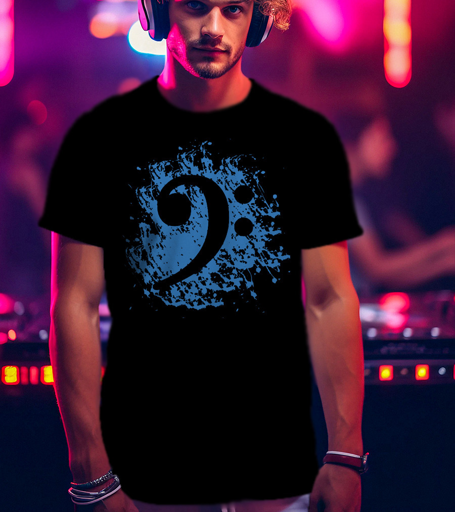 Bass Clef On Blue Splatter Background T-Shirt