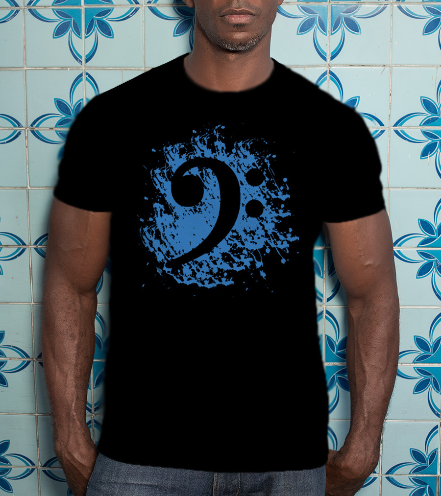Bass Clef On Blue Splatter Background T-Shirt