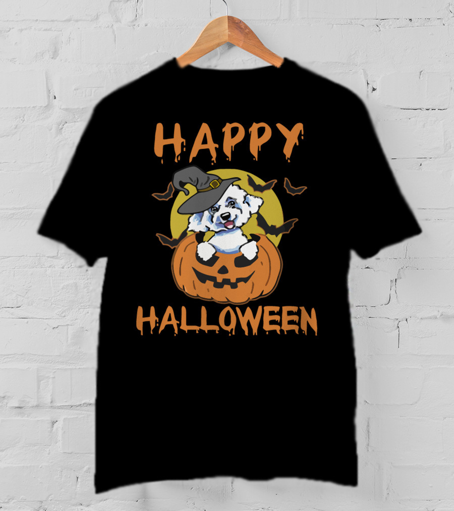 Happy Halloween Bichon Frise Pumpkin Witch Hat T-Shirt