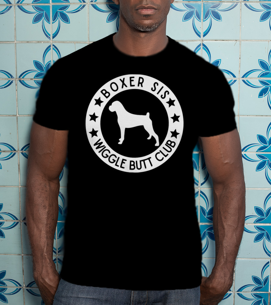 Boxer Sis Wiggle Butt Club Dog Silhouette Circle With Stars T-Shirt