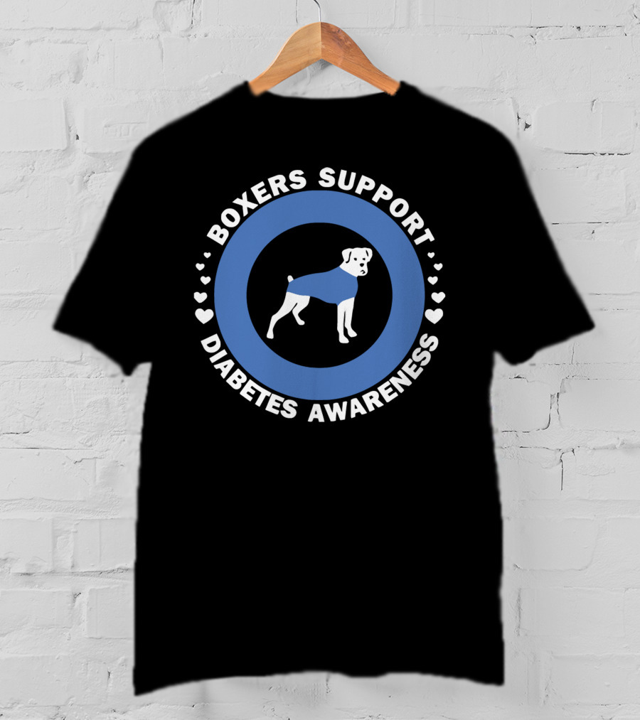 Boxers Support Diabetes Awareness With Heart Symbols And Boxer In Blue Circle T-Shirt